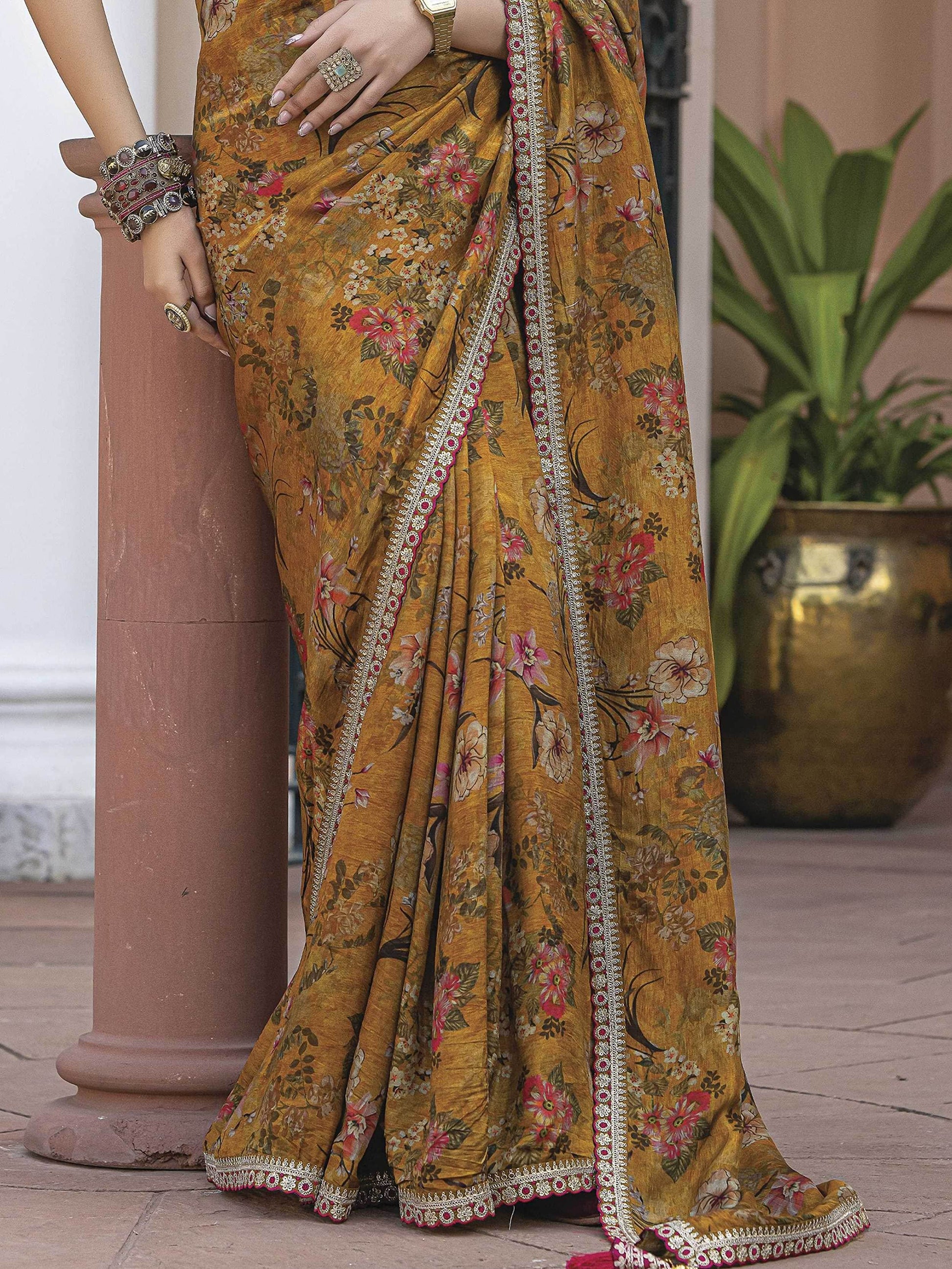Artistic Mustard Yellow Floral Printed Silk Wedding Wear Saree With Blouse - Zeel Clothing