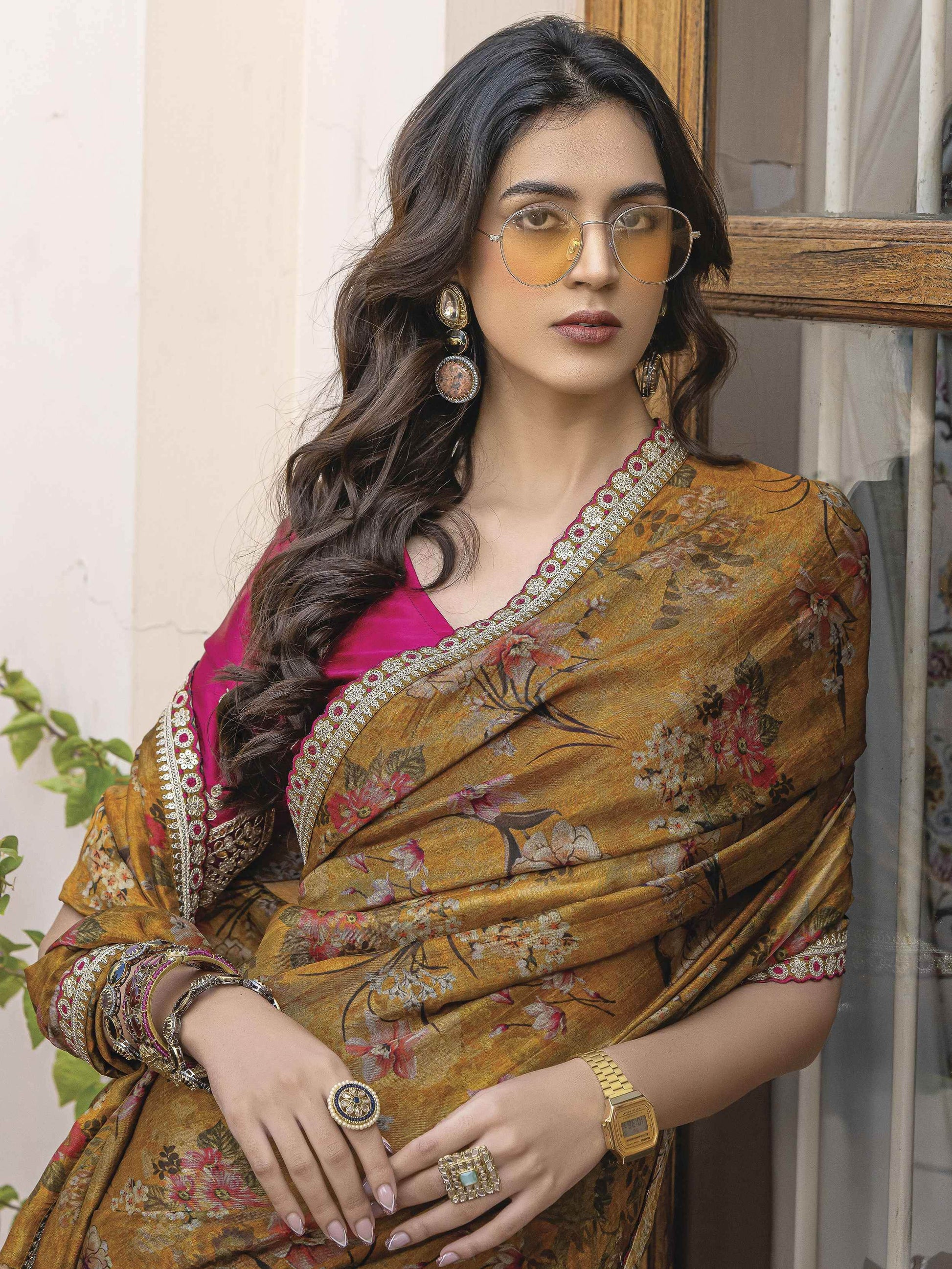 Artistic Mustard Yellow Floral Printed Silk Wedding Wear Saree With Blouse - Zeel Clothing