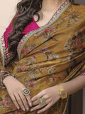 Artistic Mustard Yellow Floral Printed Silk Wedding Wear Saree With Blouse - Zeel Clothing