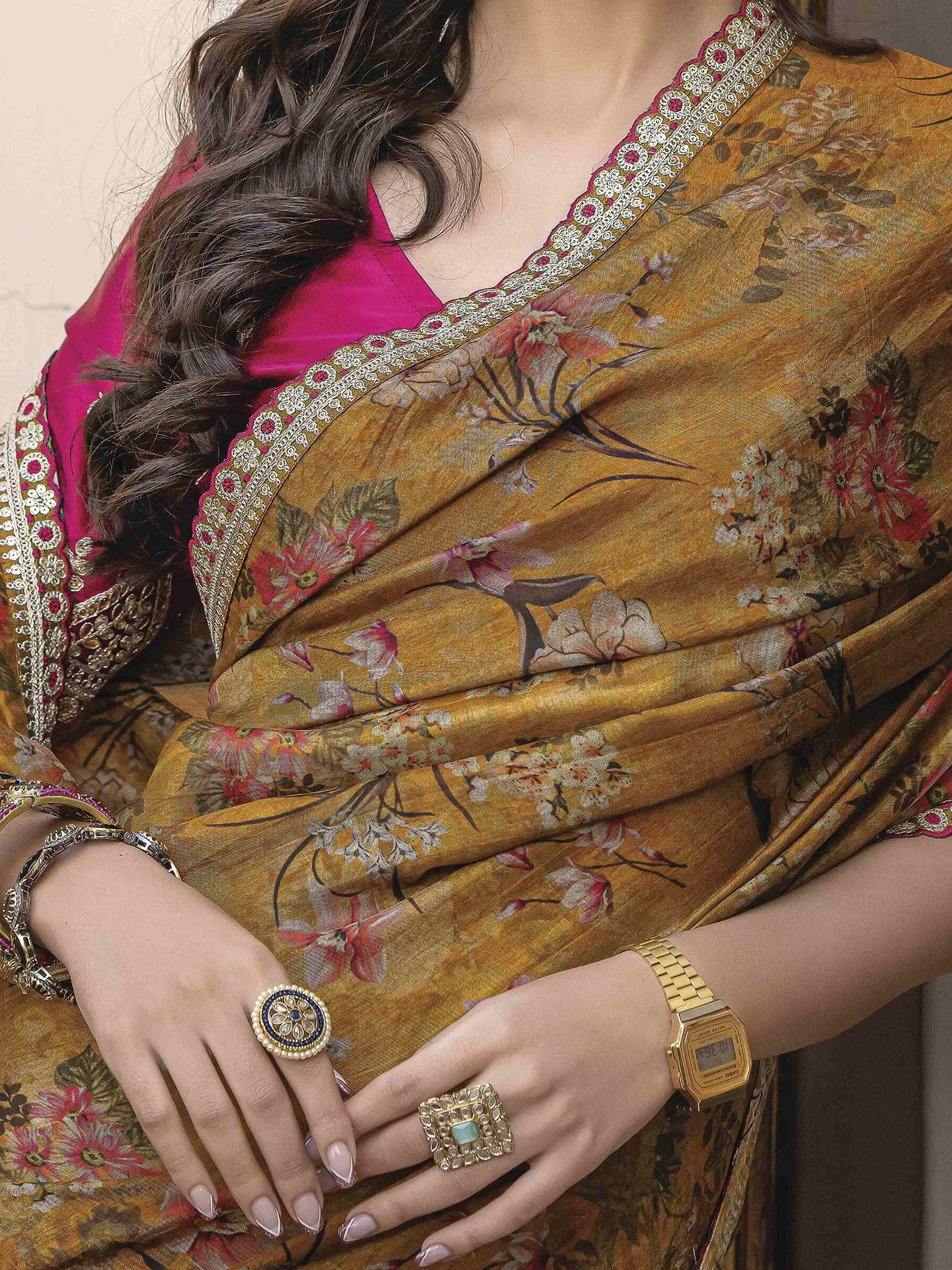 Artistic Mustard Yellow Floral Printed Silk Wedding Wear Saree With Blouse - Zeel Clothing