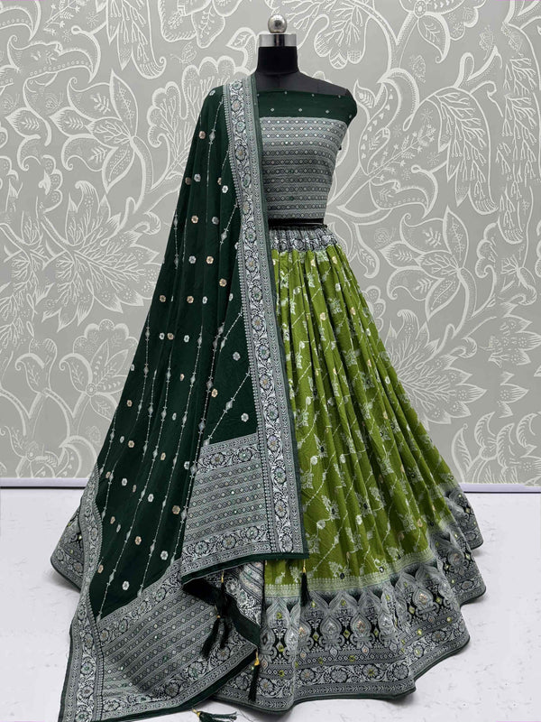 Artistic Olive Green Zari Weaving Wedding Wear Lehenga Choli With Dupatta