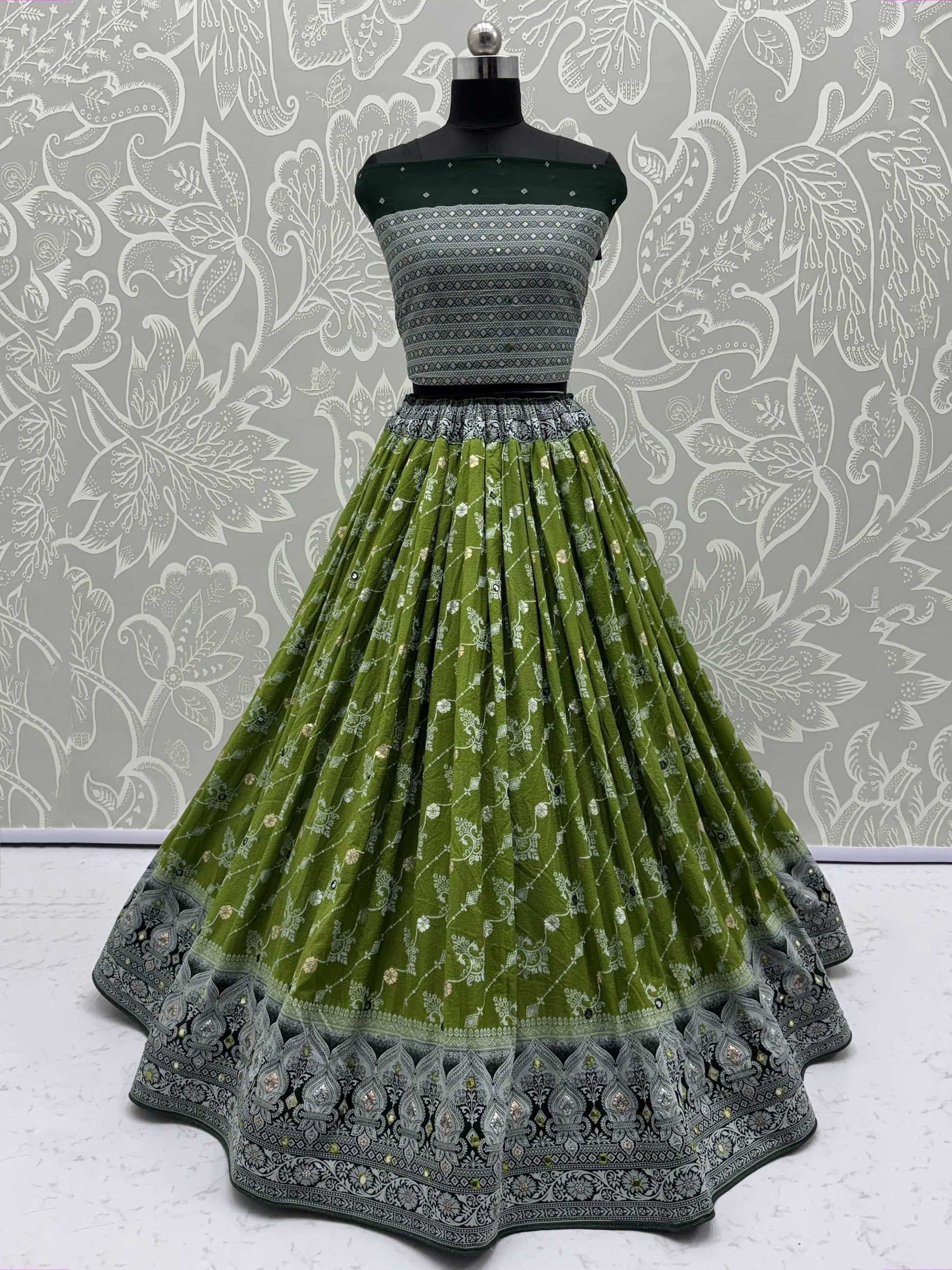 Artistic Olive Green Zari Weaving Wedding Wear Lehenga Choli With Dupatta