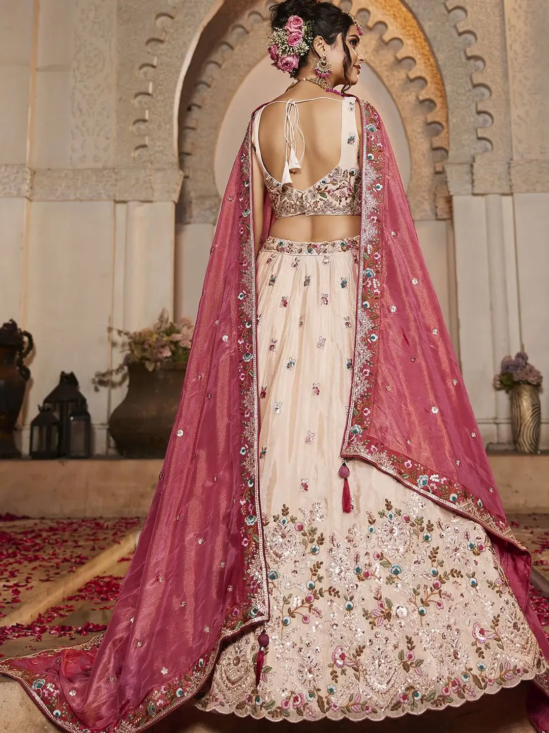 Artistic Peach Multi Thread Work Tissue Wedding Wear Lehenga Choli - Zeel Clothing