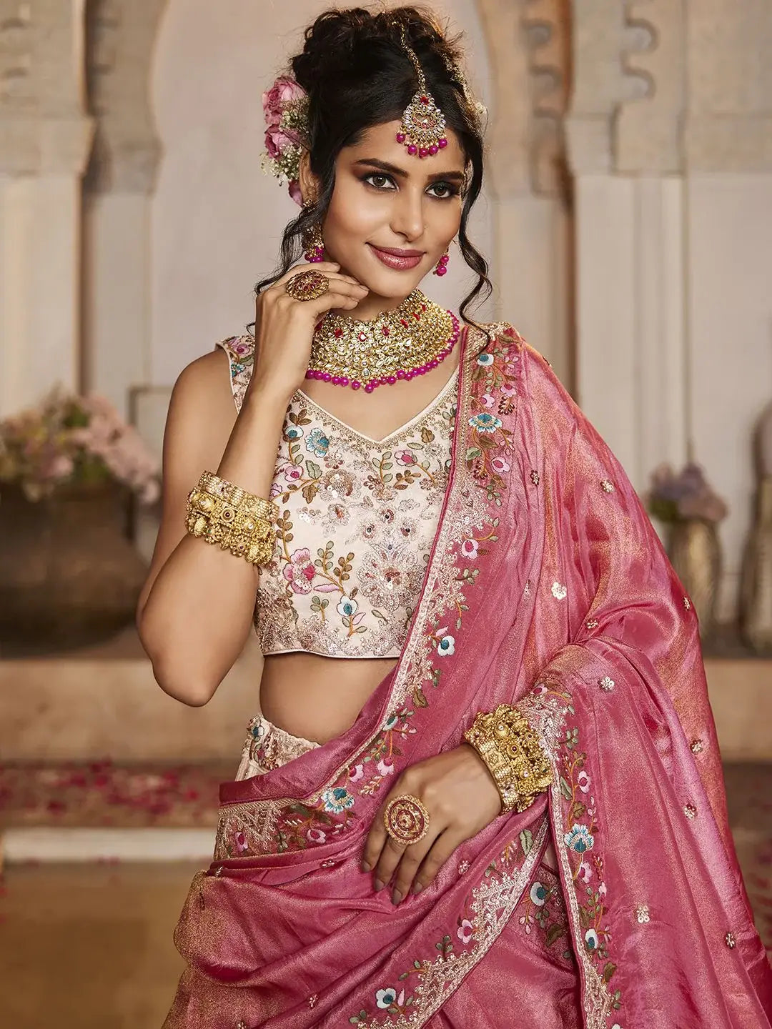 Artistic Peach Multi Thread Work Tissue Wedding Wear Lehenga Choli - Zeel Clothing