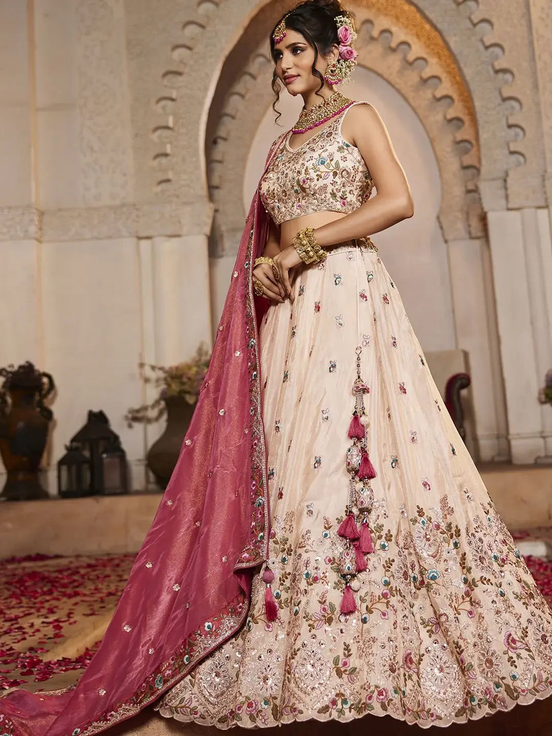 Artistic Peach Multi Thread Work Tissue Wedding Wear Lehenga Choli - Zeel Clothing