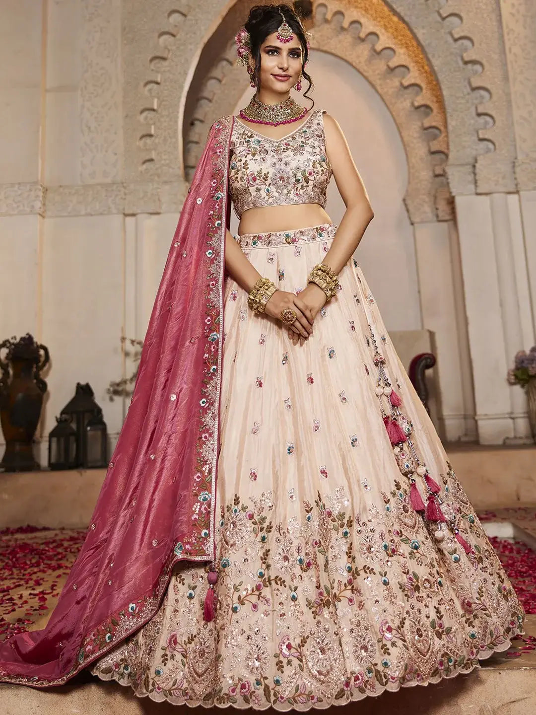 Artistic Peach Multi Thread Work Tissue Wedding Wear Lehenga Choli - Zeel Clothing