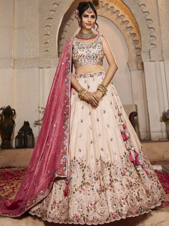 Artistic Peach Multi Thread Work Tissue Wedding Wear Lehenga Choli - Zeel Clothing