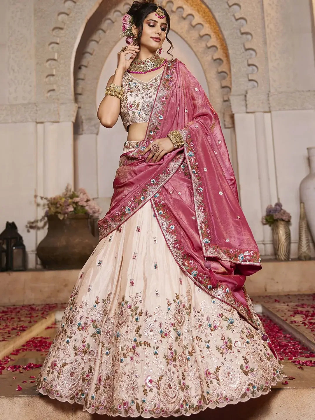 Artistic Peach Multi Thread Work Tissue Wedding Wear Lehenga Choli - Zeel Clothing