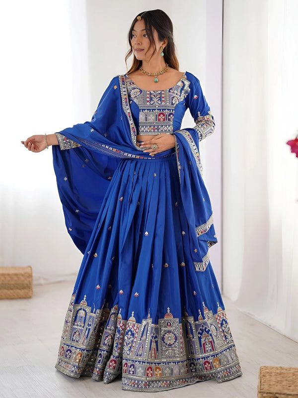 Artistic Royal Blue Sequins Crepe Silk Event Wear Lehenga Choli With Dupatta