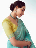 Artistic Sea Green Sequins Embroidered Organza Reception Wear Saree With Blouse - Zeel Clothing