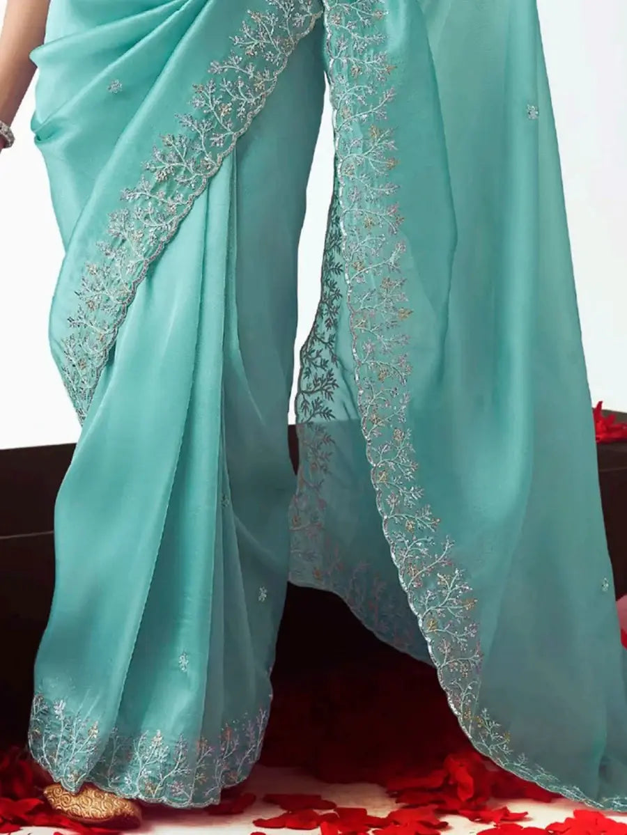 Artistic Sea Green Sequins Embroidered Organza Reception Wear Saree With Blouse - Zeel Clothing