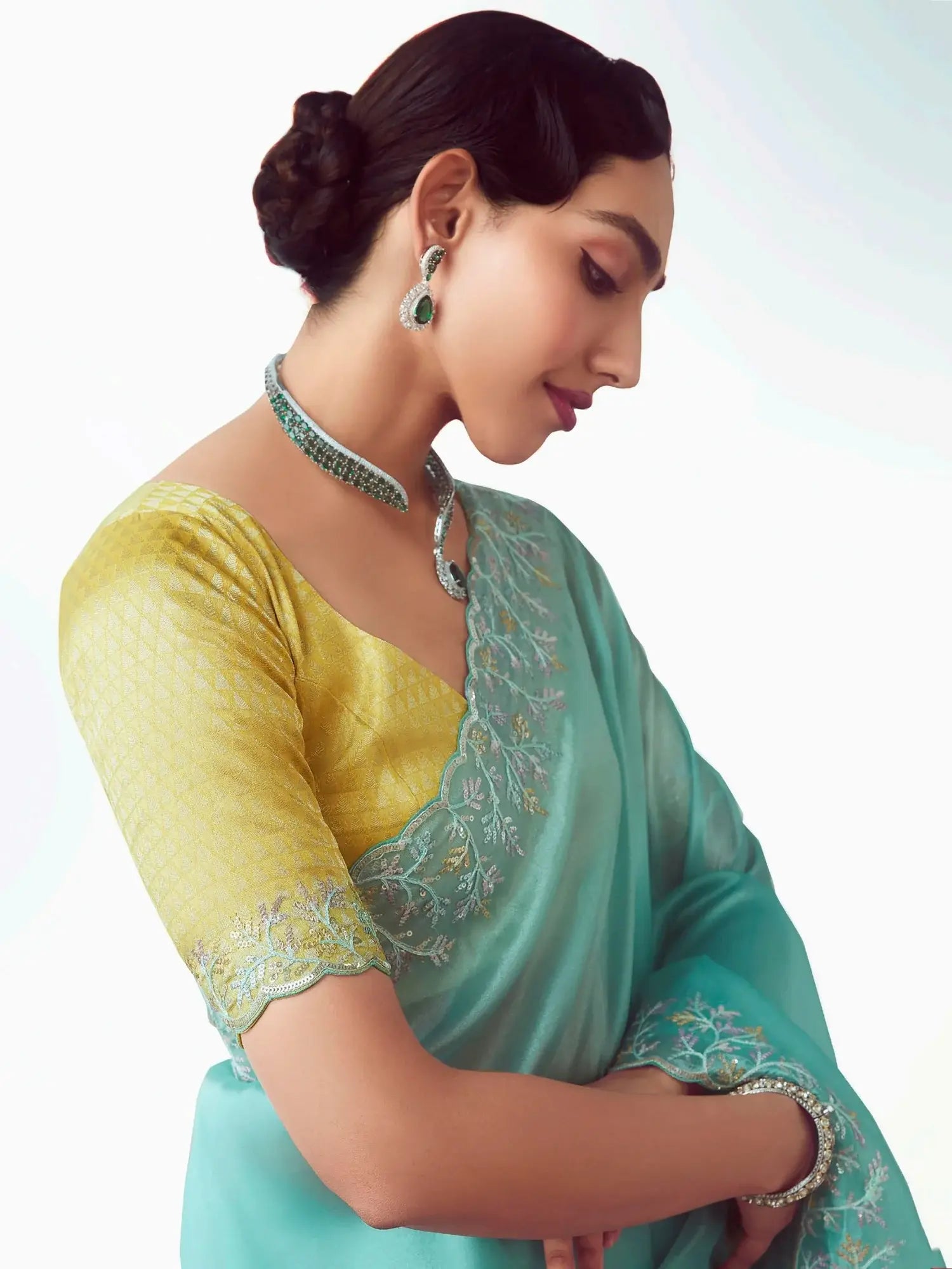 Artistic Sea Green Sequins Embroidered Organza Reception Wear Saree With Blouse - Zeel Clothing