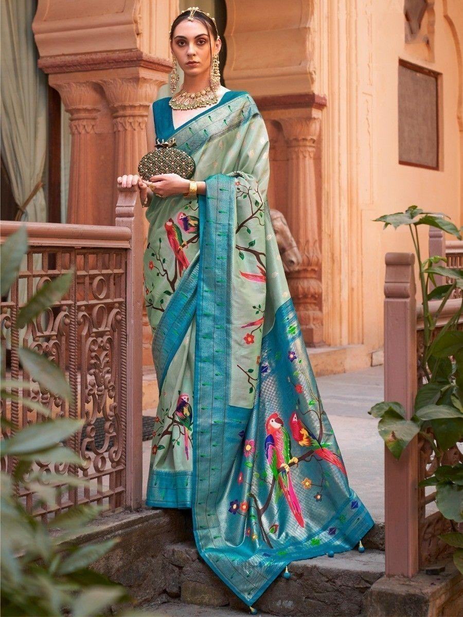 Astonishing Aqua Blue Paithani Print Events Wear Silk Saree - Zeel Clothing