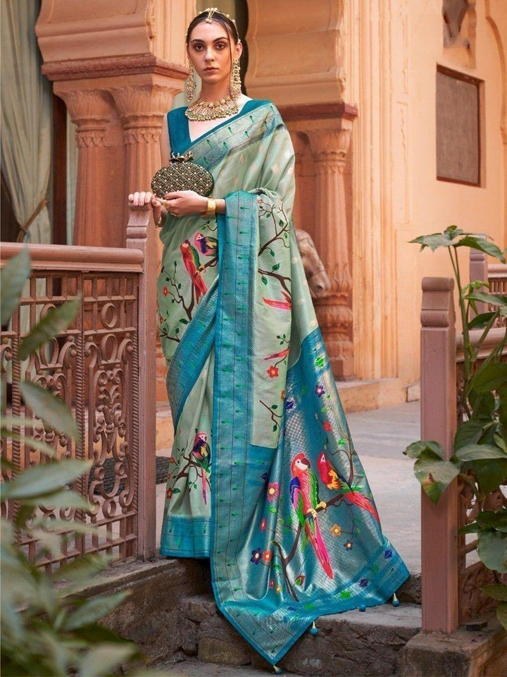 Astonishing Aqua Blue Paithani Print Events Wear Silk Saree - Zeel Clothing