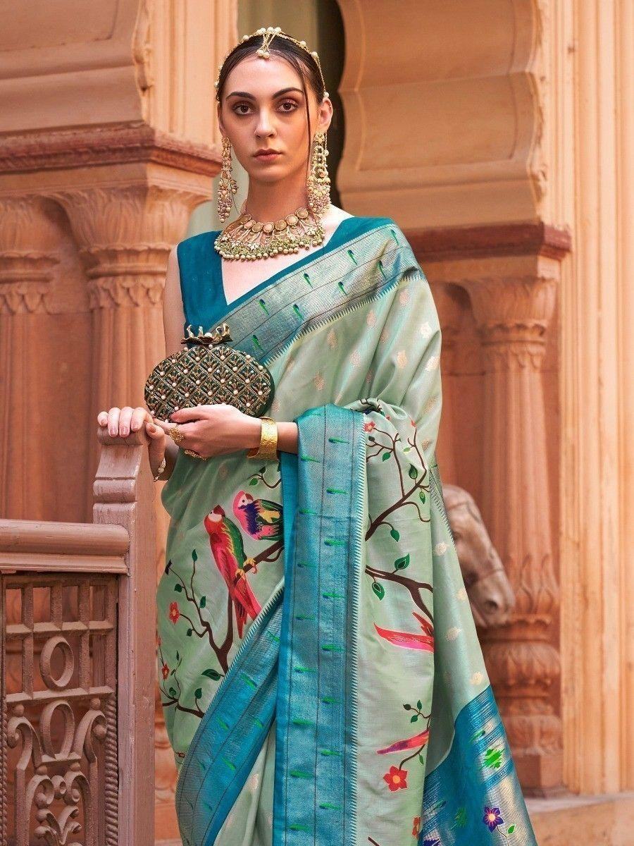 Astonishing Aqua Blue Paithani Print Events Wear Silk Saree - Zeel Clothing