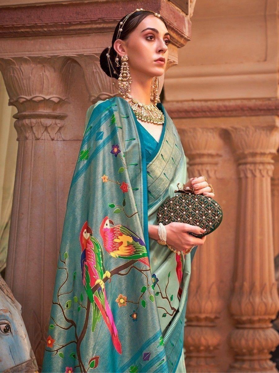 Astonishing Aqua Blue Paithani Print Events Wear Silk Saree - Zeel Clothing
