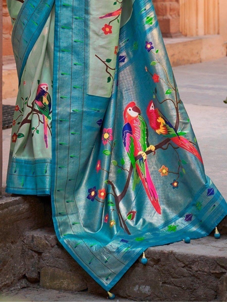 Astonishing Aqua Blue Paithani Print Events Wear Silk Saree - Zeel Clothing