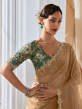 Astonishing Beige Border Work Organza Designer Saree With Blouse