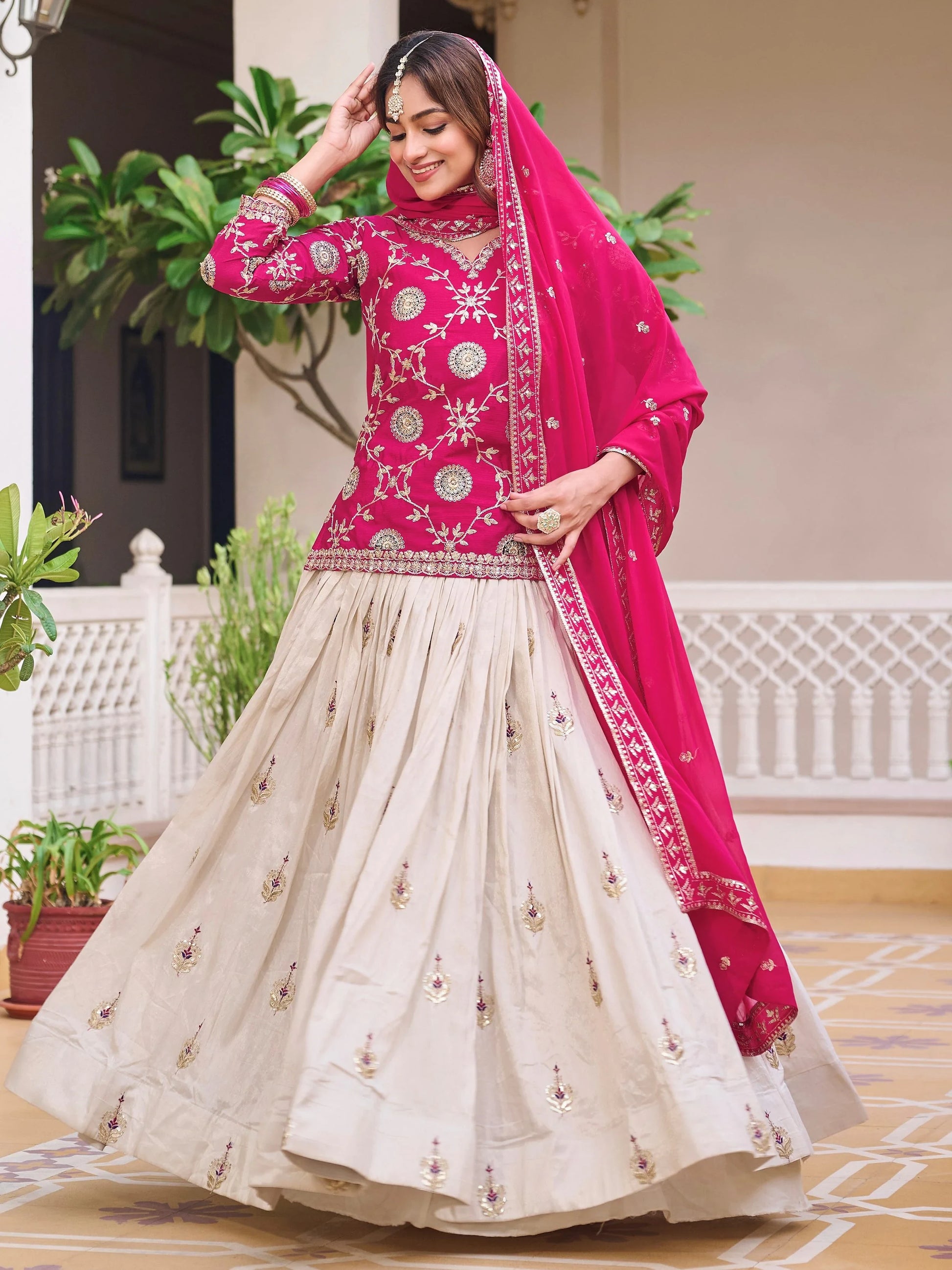 Astonishing Beige Coding Work Tissue Festive Wear Lehenga With Long Choli