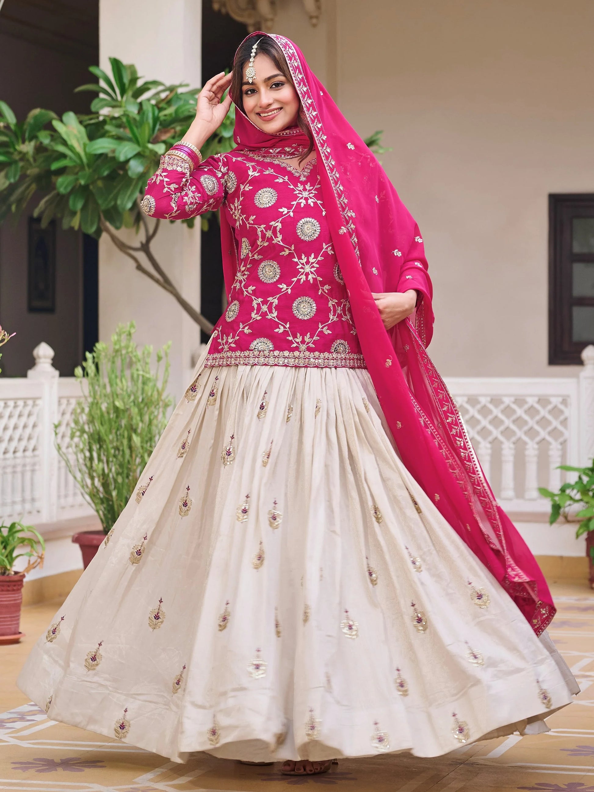 Astonishing Beige Coding Work Tissue Festive Wear Lehenga With Long Choli