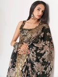 Astonishing Black Floral Print Organza Saree With Blouse - Zeel Clothing