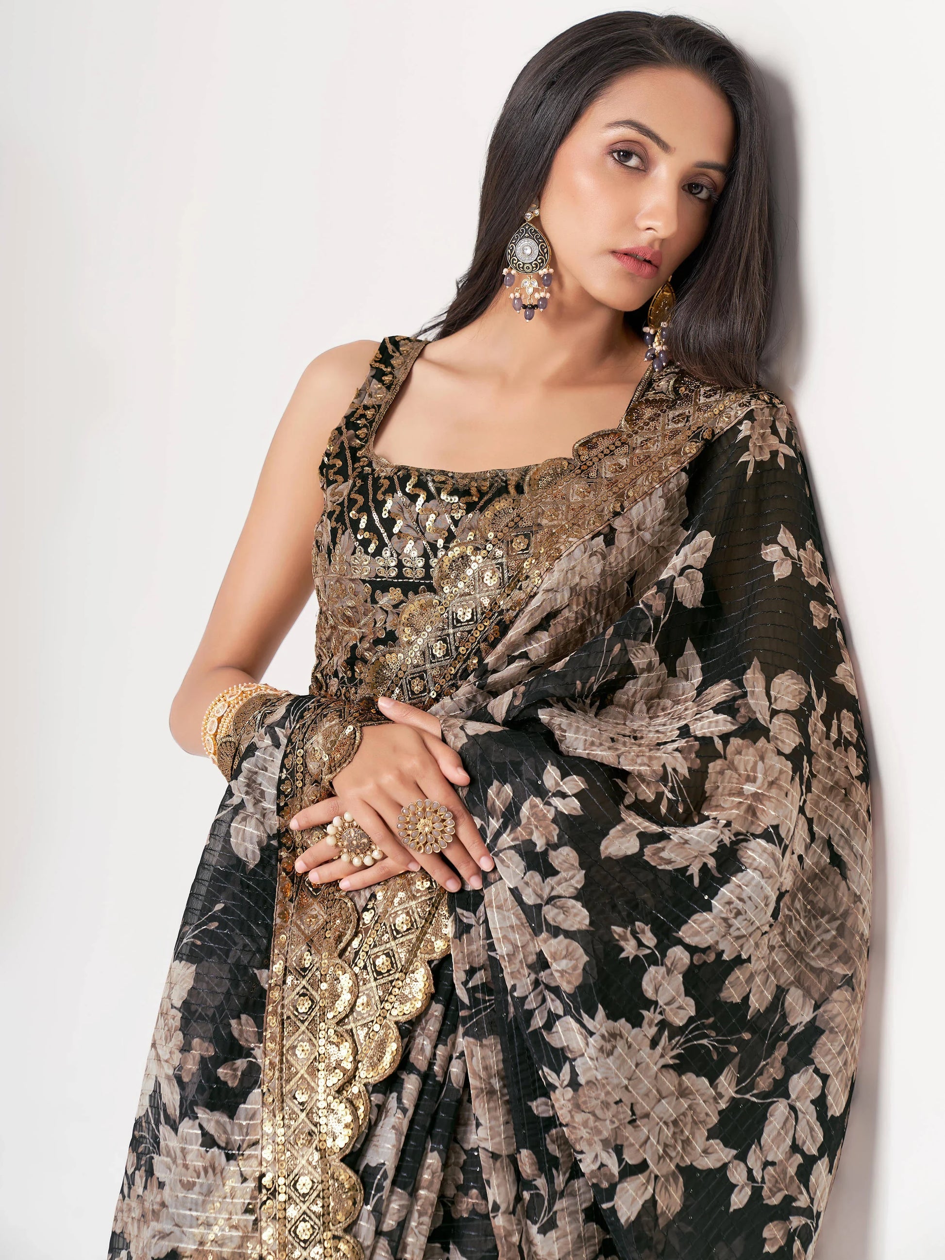 Astonishing Black Floral Print Organza Saree With Blouse - Zeel Clothing