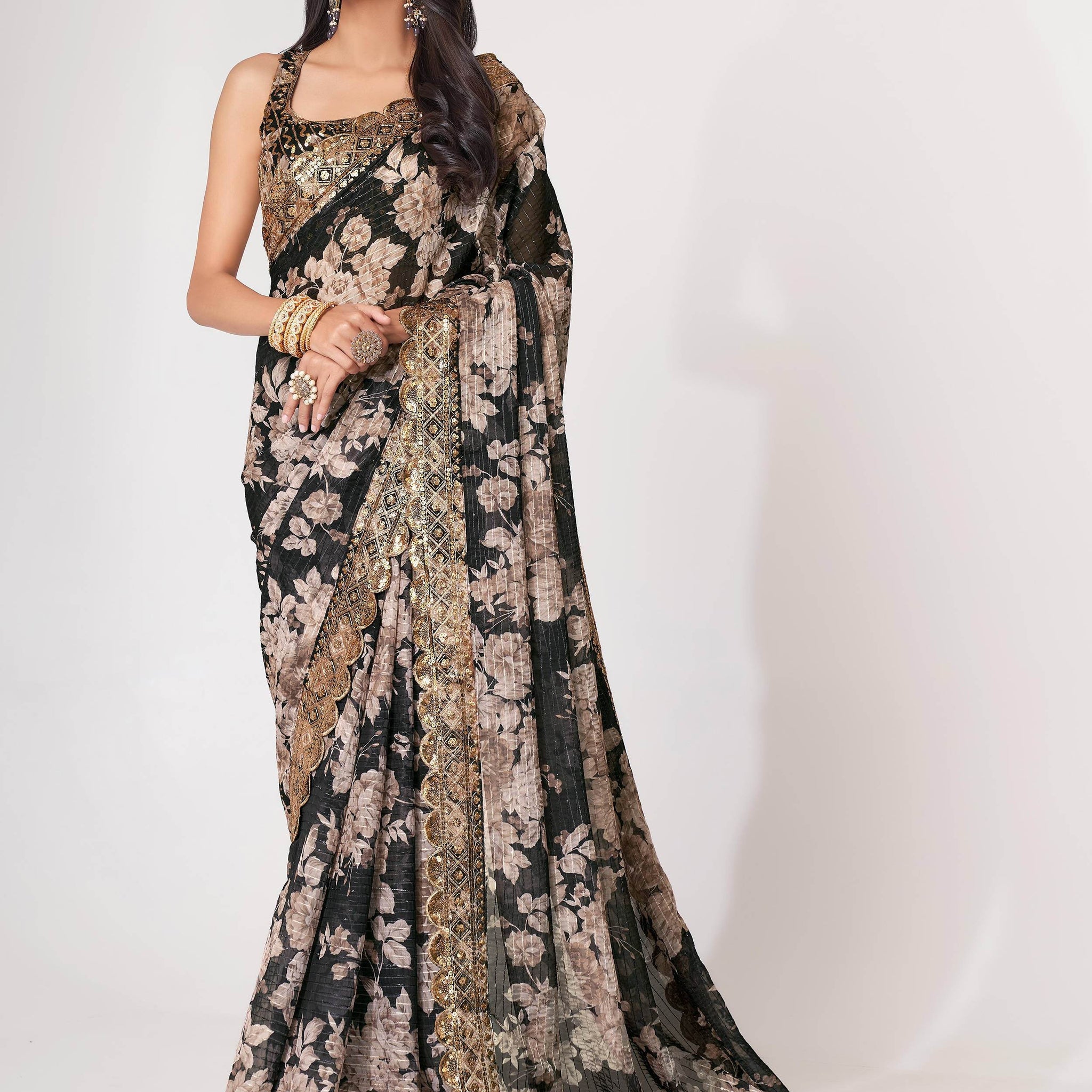 Astonishing Black Floral Print Organza Saree With Blouse - Zeel Clothing
