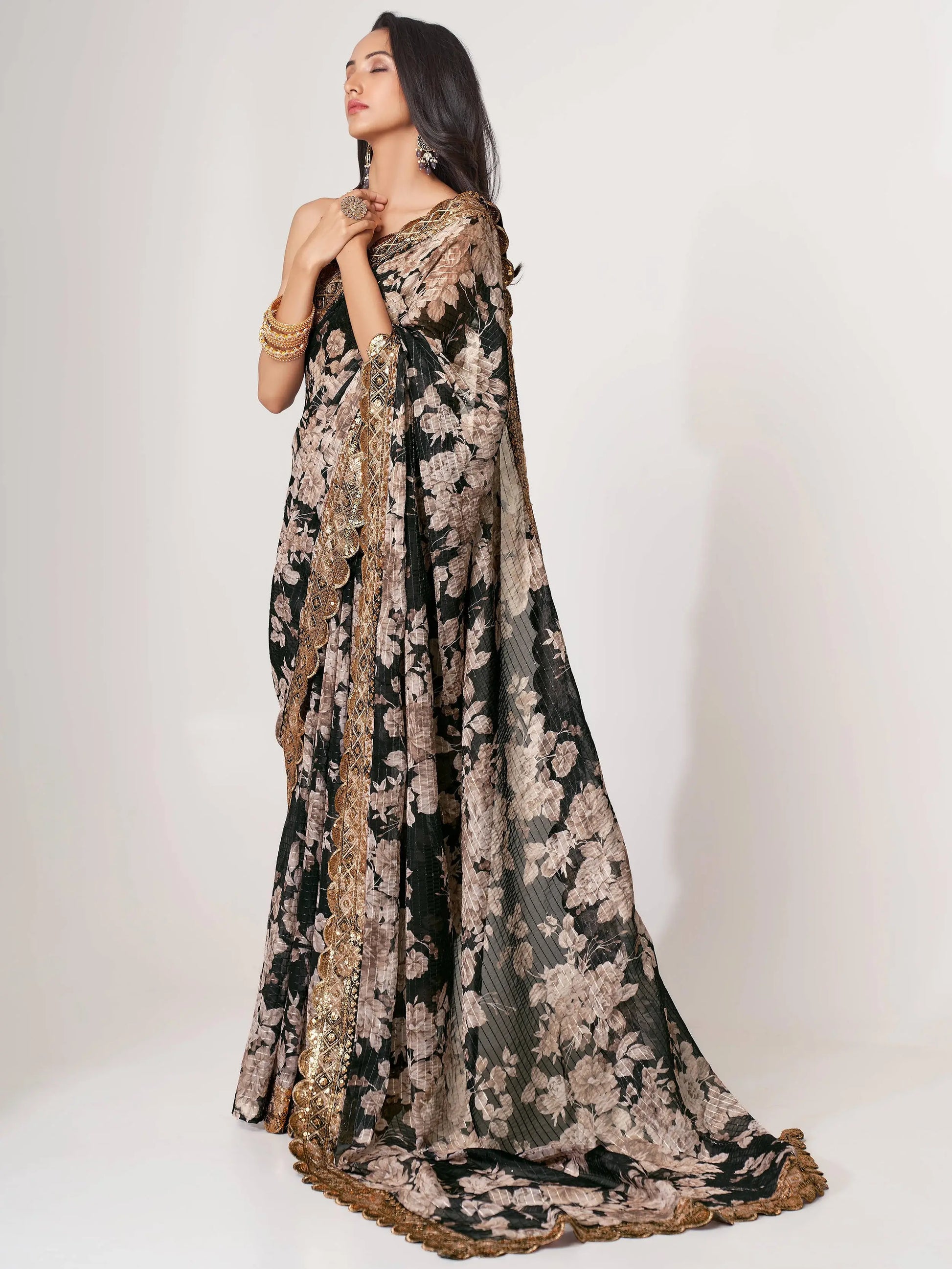Astonishing Black Floral Print Organza Saree With Blouse - Zeel Clothing