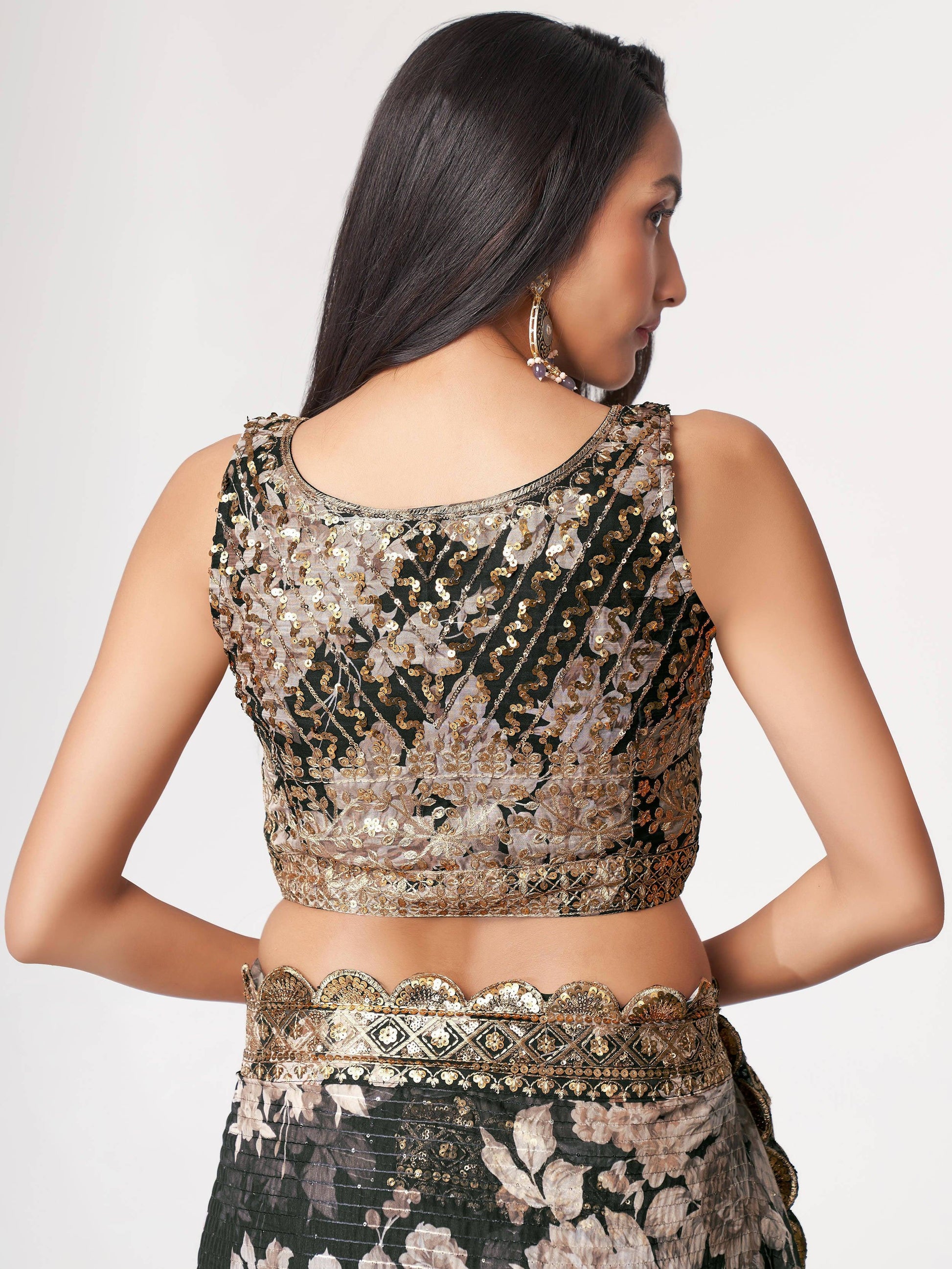 Astonishing Black Floral Print Organza Saree With Blouse - Zeel Clothing