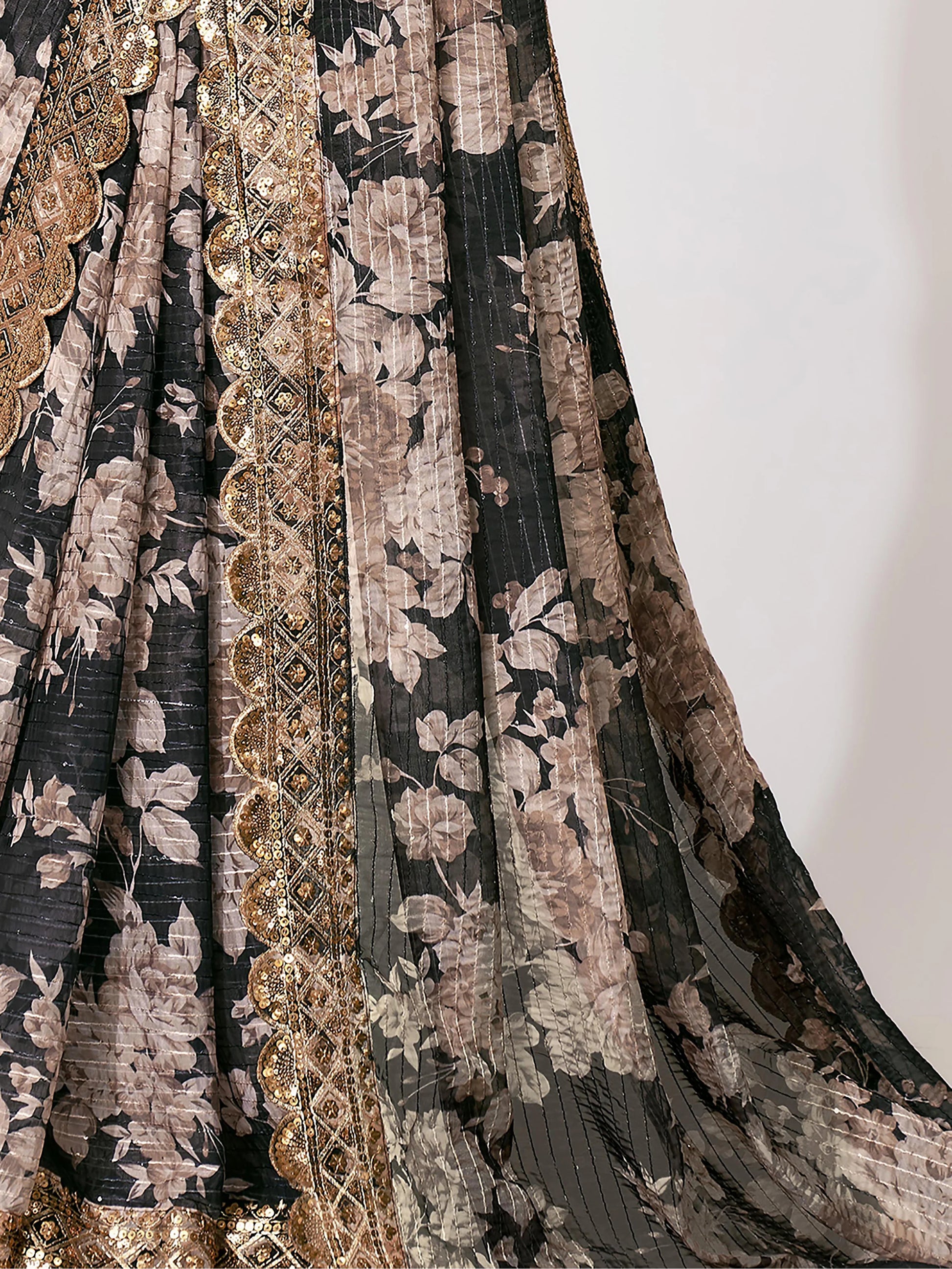 Astonishing Black Floral Print Organza Saree With Blouse - Zeel Clothing