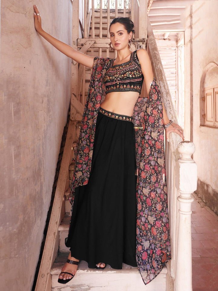 Astonishing Black Mirror Work Georgette Party Wear Crop Top Palazzo