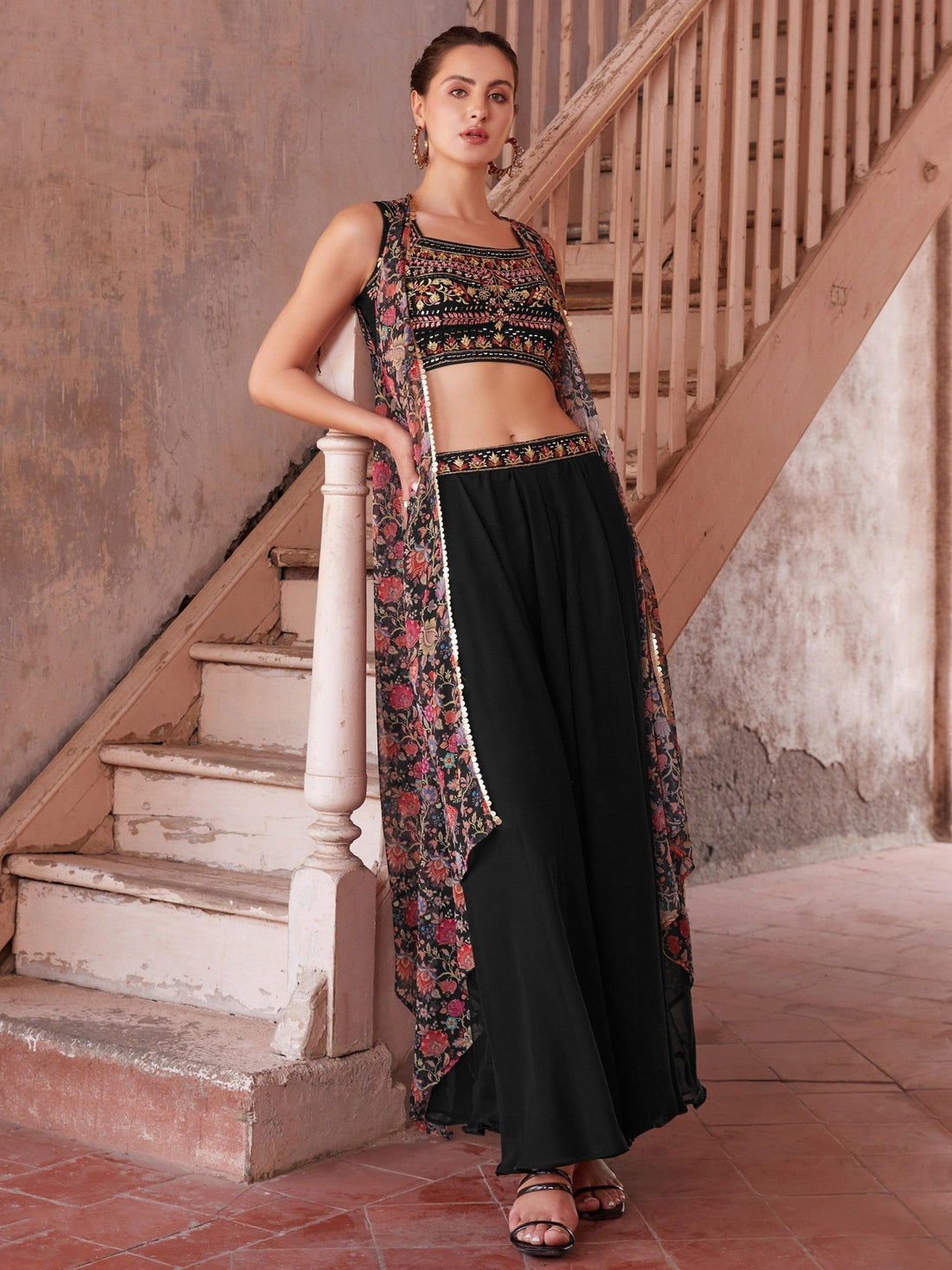 Astonishing Black Mirror Work Georgette Party Wear Crop Top Palazzo