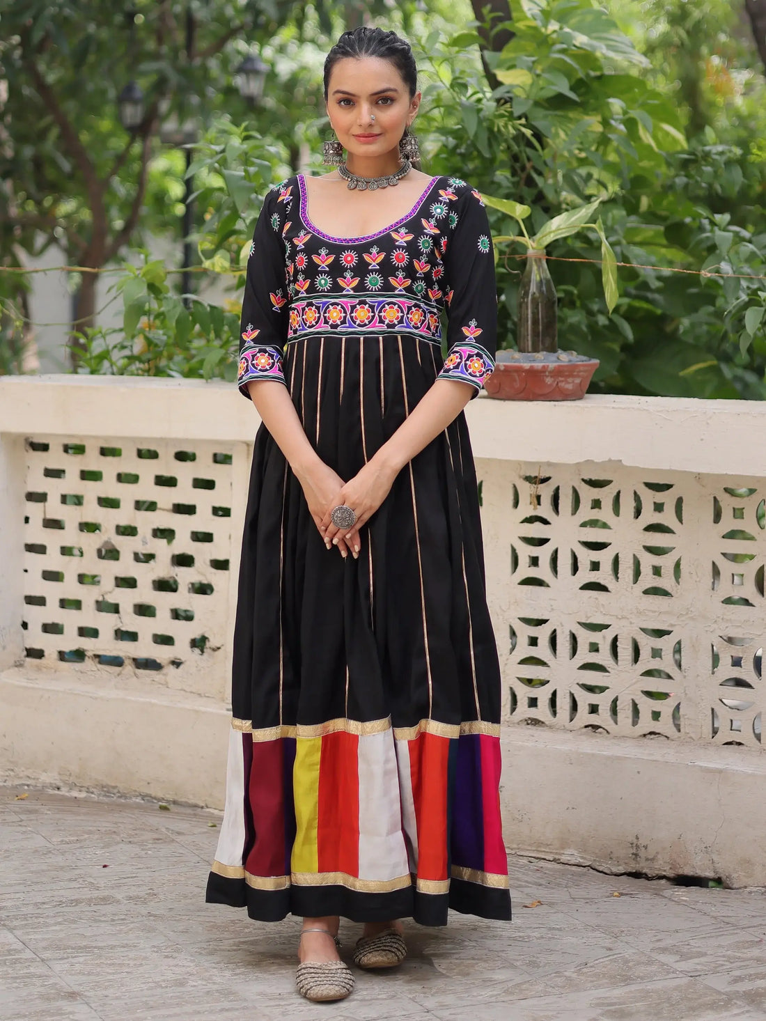 Astonishing Black Multi Thread Work Roman Silk Traditional Gown - Zeel Clothing