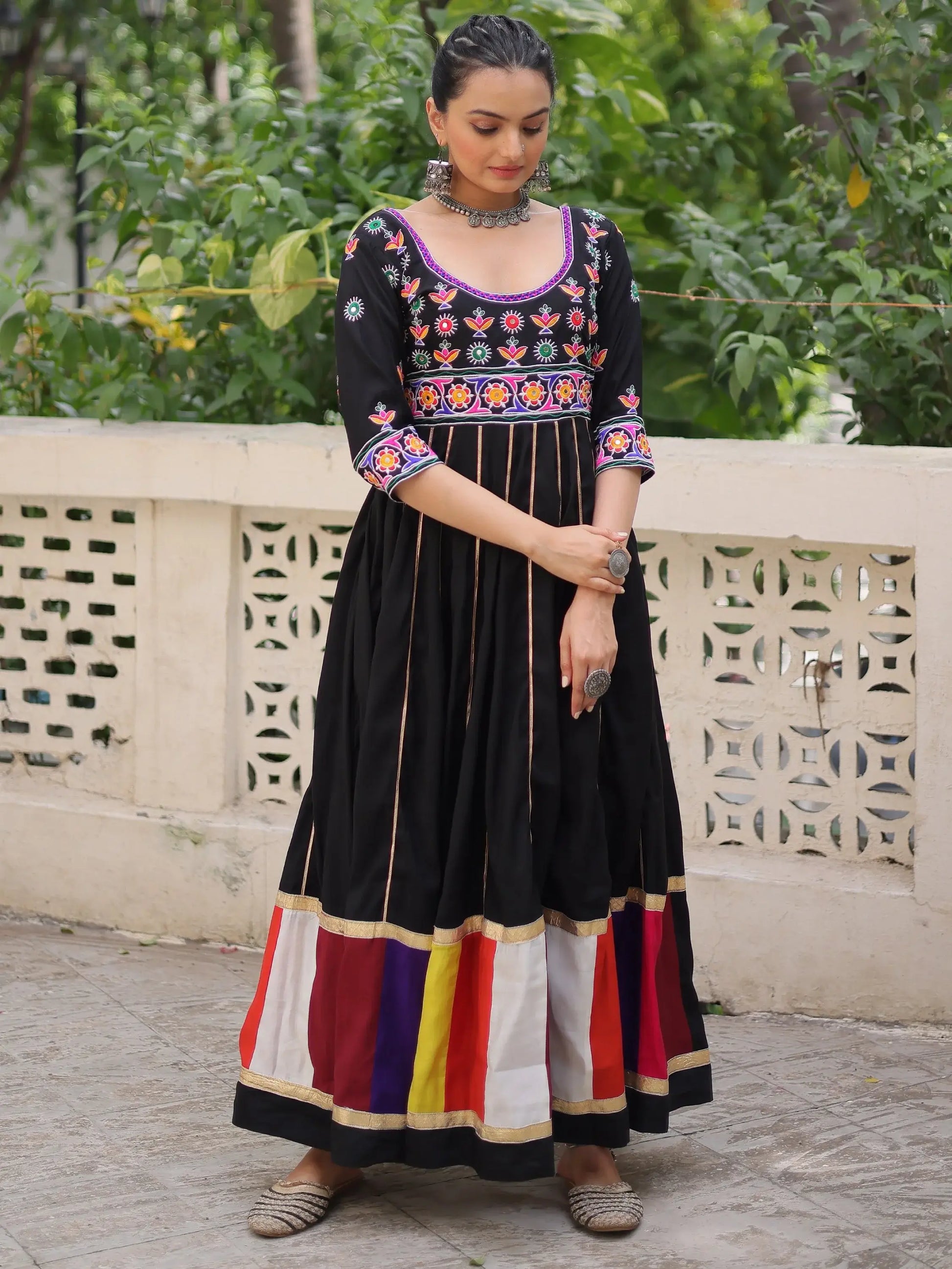 Astonishing Black Multi Thread Work Roman Silk Traditional Gown - Zeel Clothing