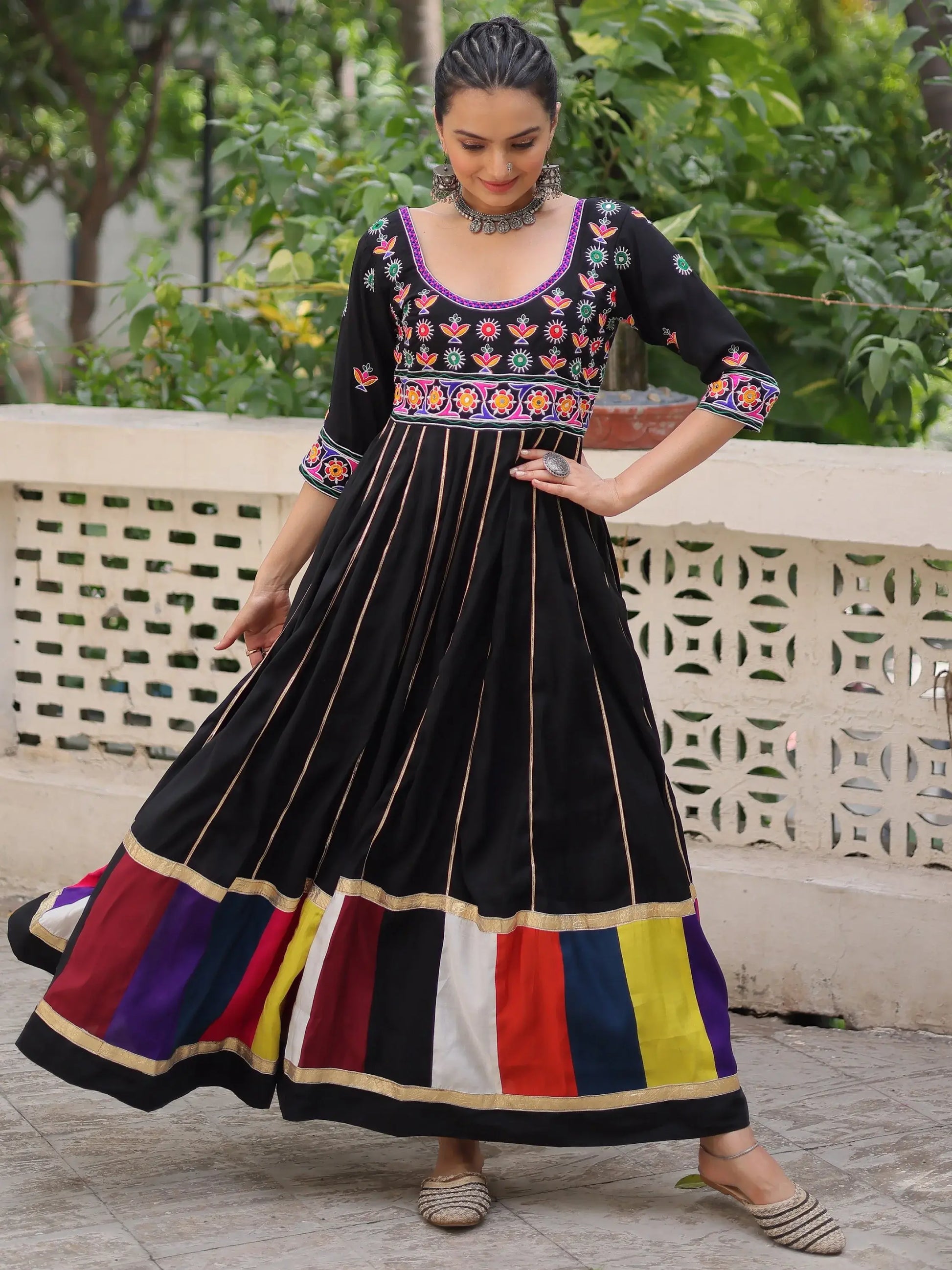 Astonishing Black Multi Thread Work Roman Silk Traditional Gown - Zeel Clothing