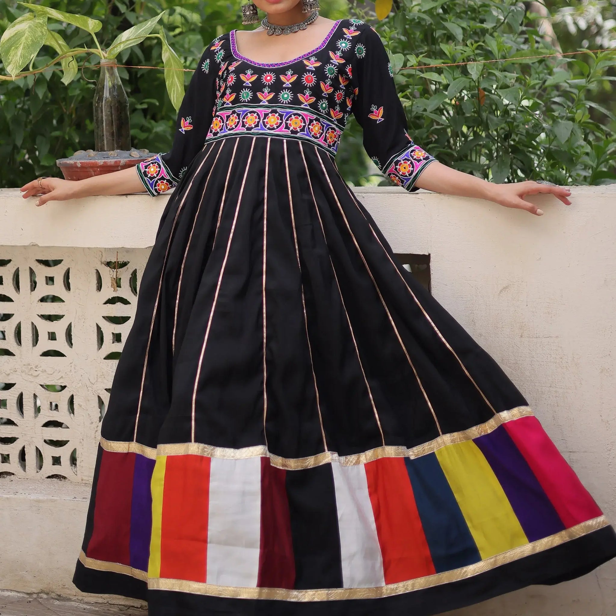 Astonishing Black Multi Thread Work Roman Silk Traditional Gown - Zeel Clothing