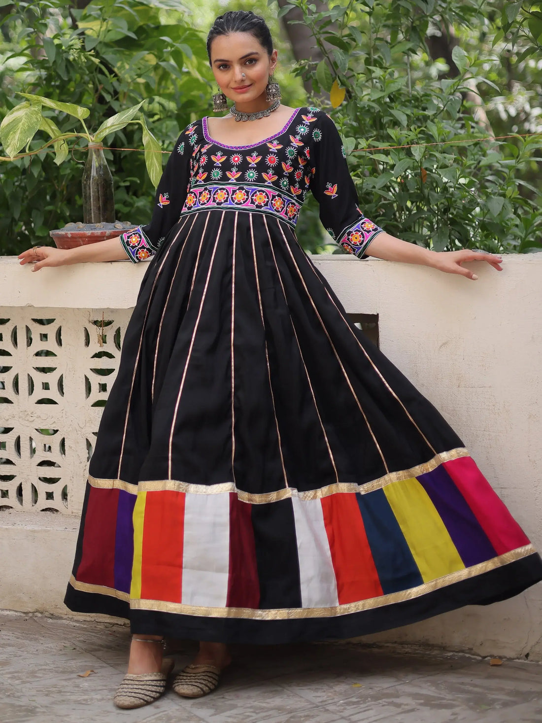 Astonishing Black Multi Thread Work Roman Silk Traditional Gown - Zeel Clothing