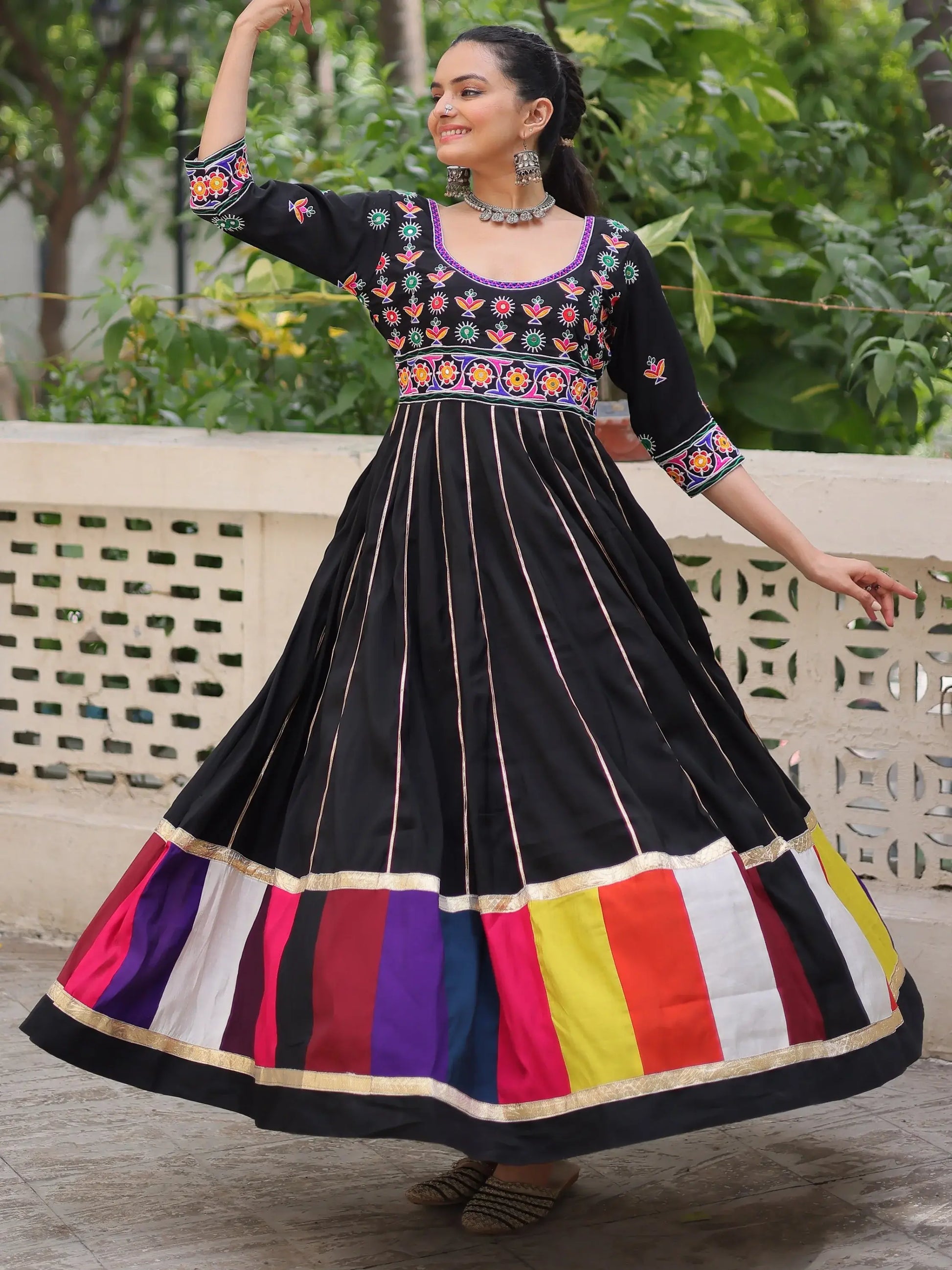 Astonishing Black Multi Thread Work Roman Silk Traditional Gown - Zeel Clothing