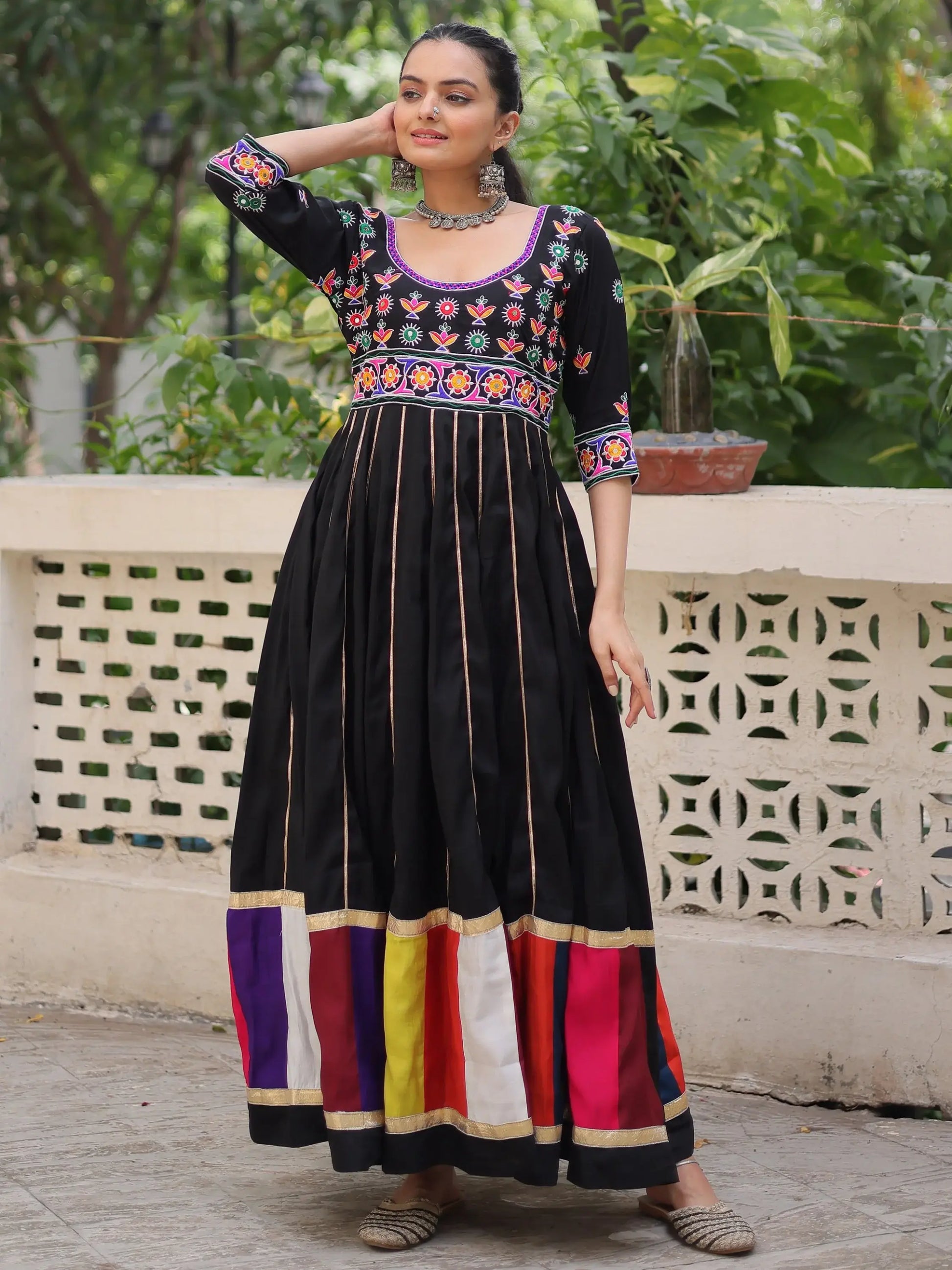 Astonishing Black Multi Thread Work Roman Silk Traditional Gown - Zeel Clothing