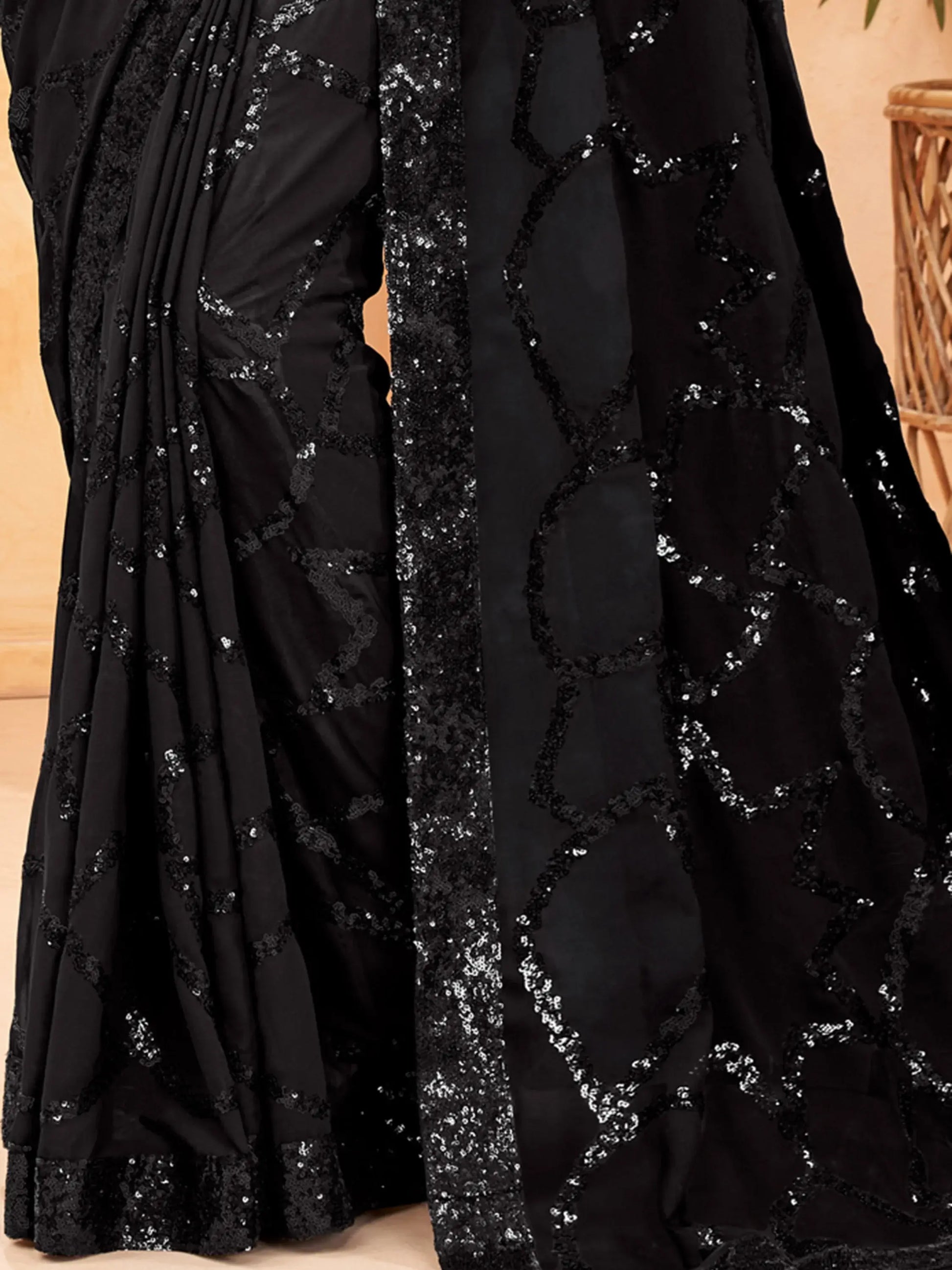 Astonishing Black Sequins Georgette Reception Wear Saree - Zeel Clothing