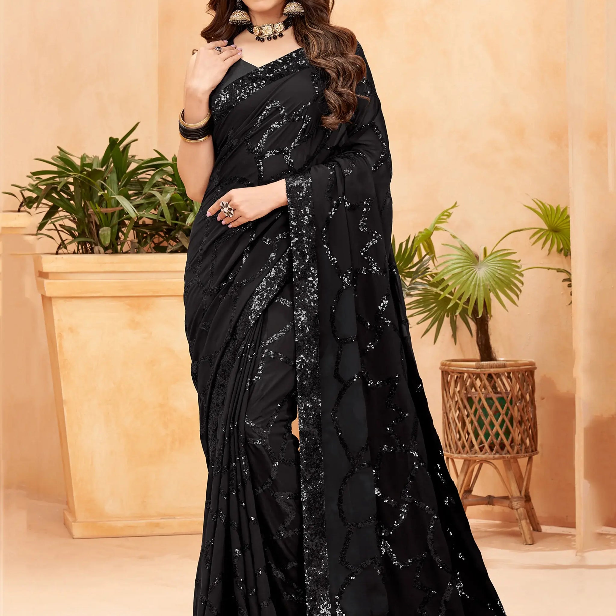 Astonishing Black Sequins Georgette Reception Wear Saree - Zeel Clothing