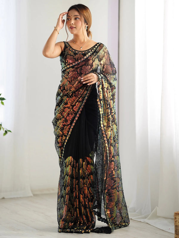 Astonishing Black Sequins Net Cocktail Party Wear Saree With Blouse - Zeel Clothing