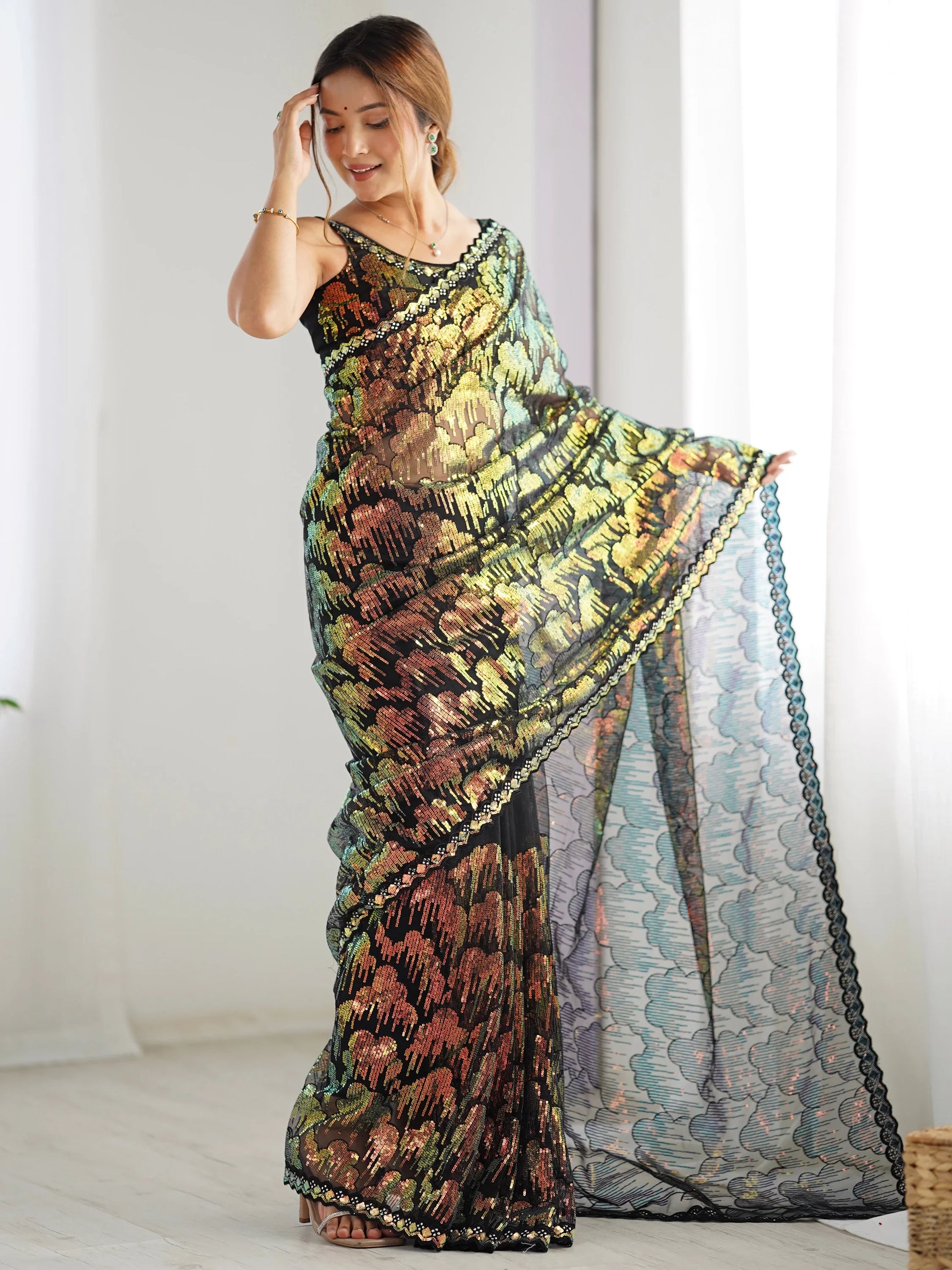 Astonishing Black Sequins Net Cocktail Party Wear Saree With Blouse - Zeel Clothing