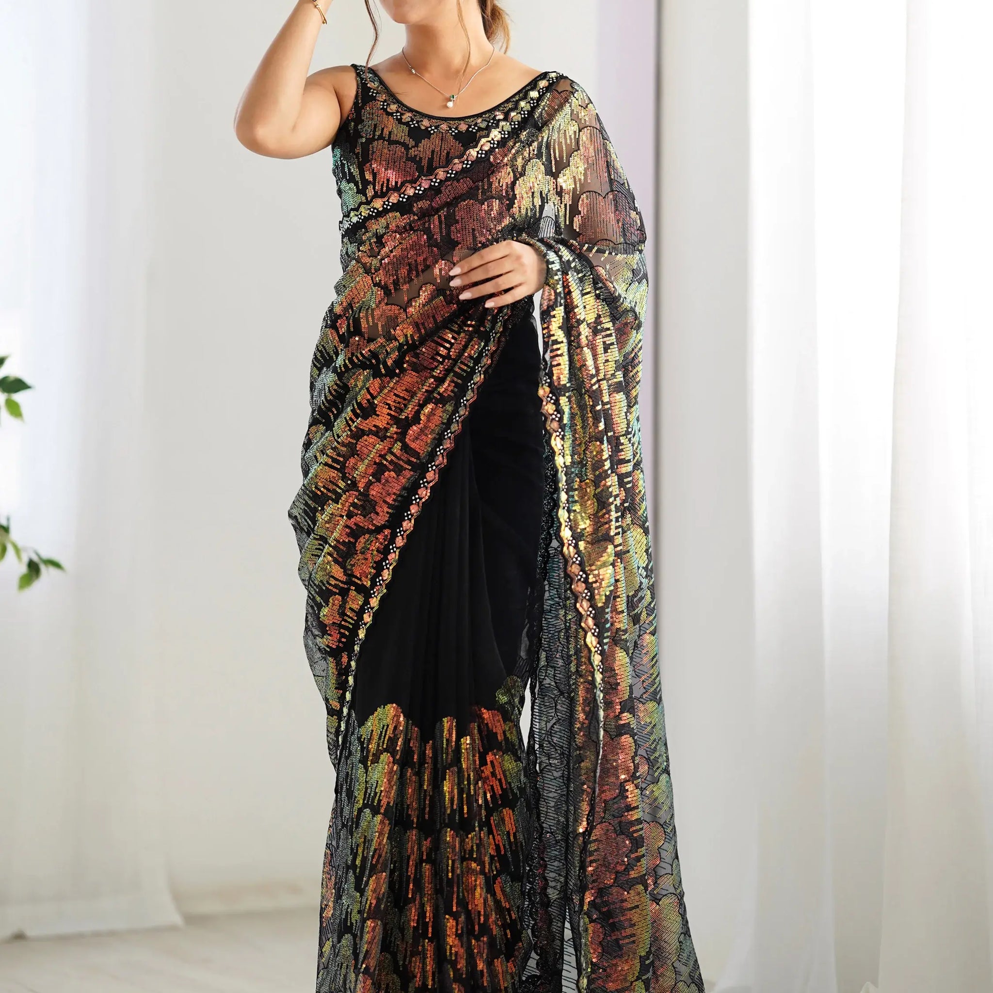 Astonishing Black Sequins Net Cocktail Party Wear Saree With Blouse - Zeel Clothing