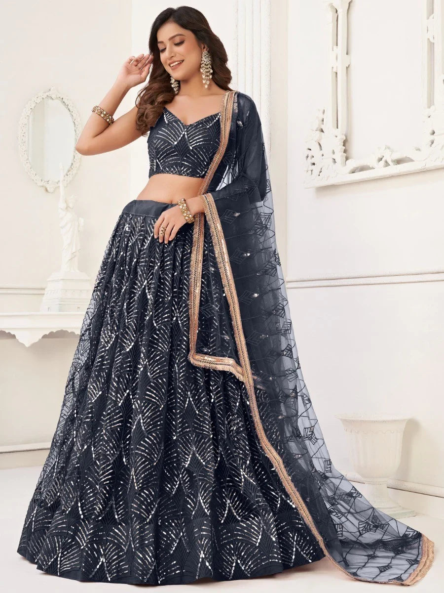 Astonishing Black Sequins Net Party Wear Lehenga Choli With Dupatta