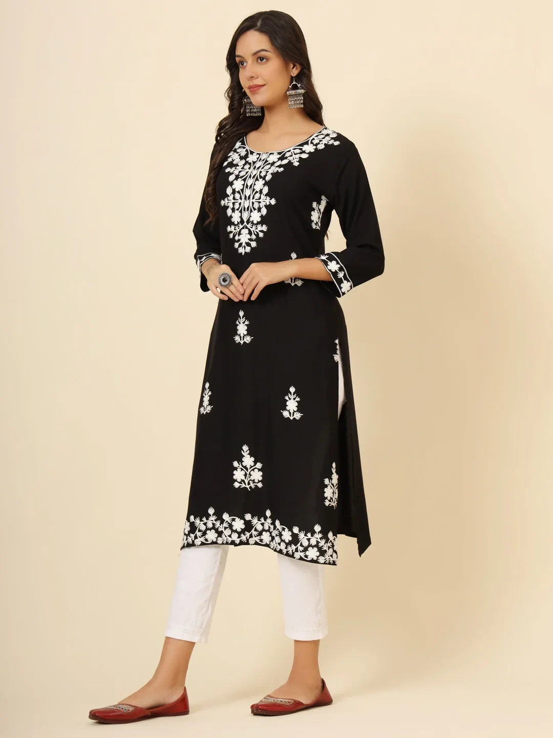 Astonishing Black Thread Embroidery Rayon Festival Wear Kurti - Zeel Clothing