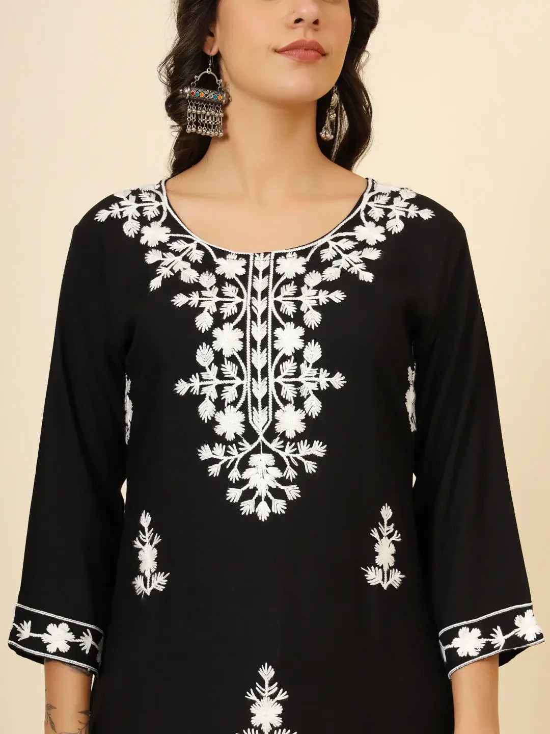 Astonishing Black Thread Embroidery Rayon Festival Wear Kurti - Zeel Clothing