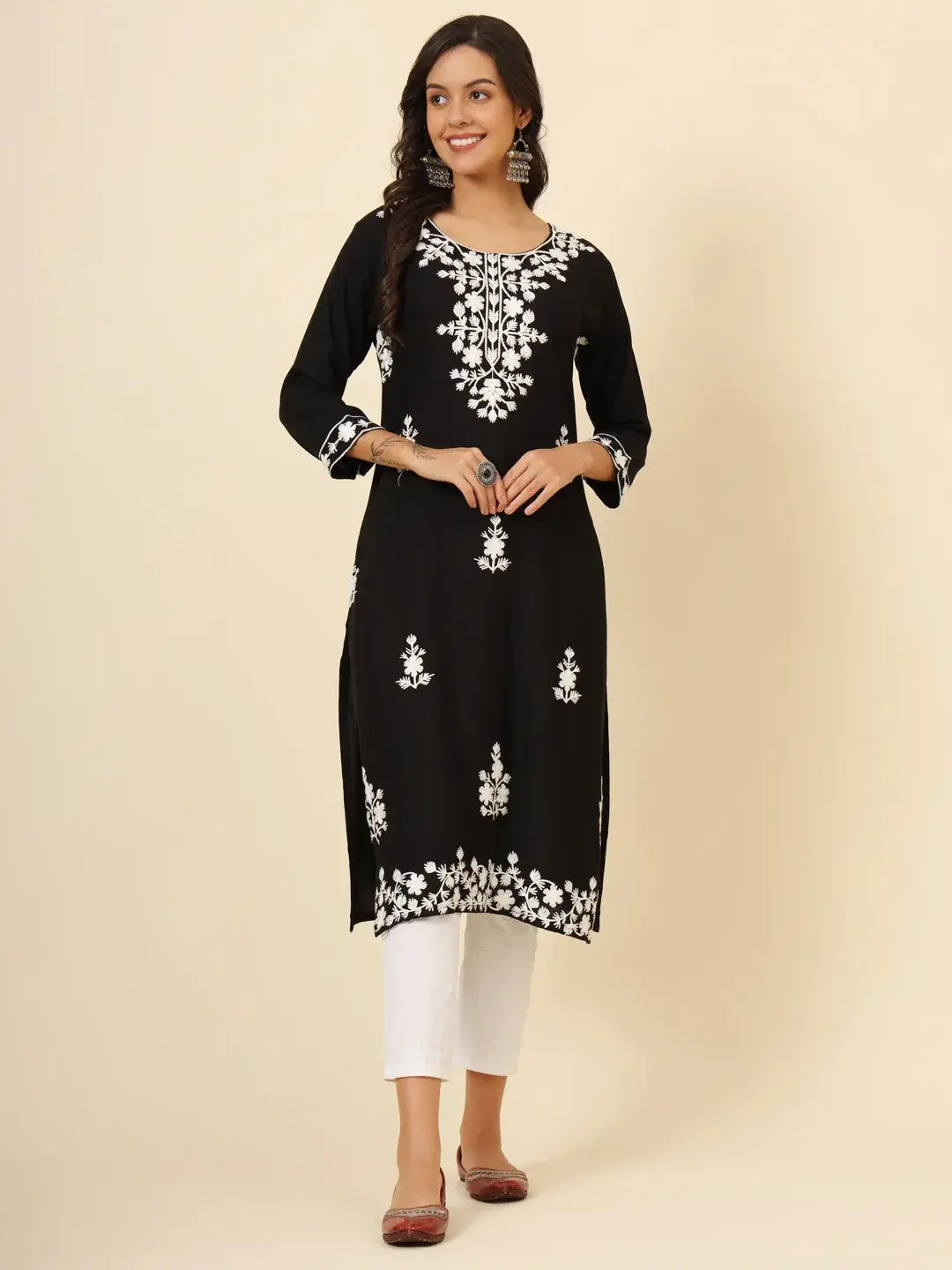 Astonishing Black Thread Embroidery Rayon Festival Wear Kurti - Zeel Clothing