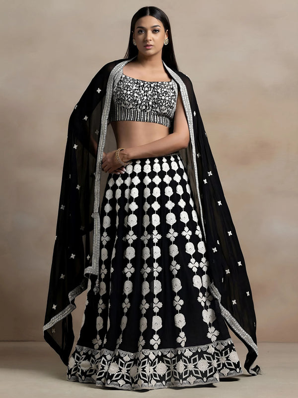 Astonishing Black Thread Work Georgette Lehenga Choli With Dupatta