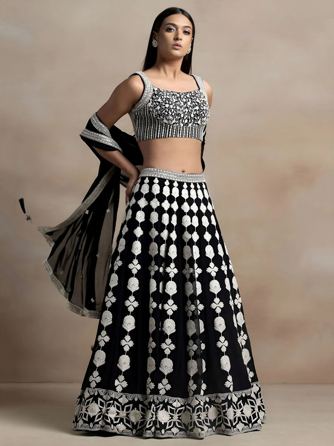 Astonishing Black Thread Work Georgette Lehenga Choli With Dupatta